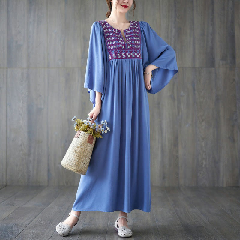 Buddha Stones Embroidery Notched Ruffled Hem Midi Dress With Pockets