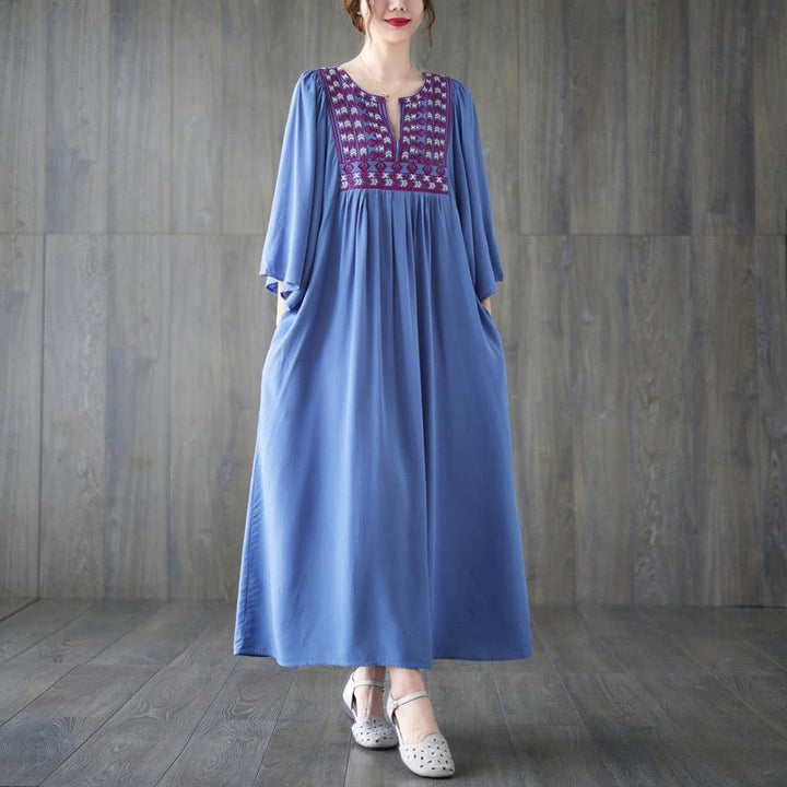 Buddha Stones Embroidery Notched Ruffled Hem Midi Dress With Pockets