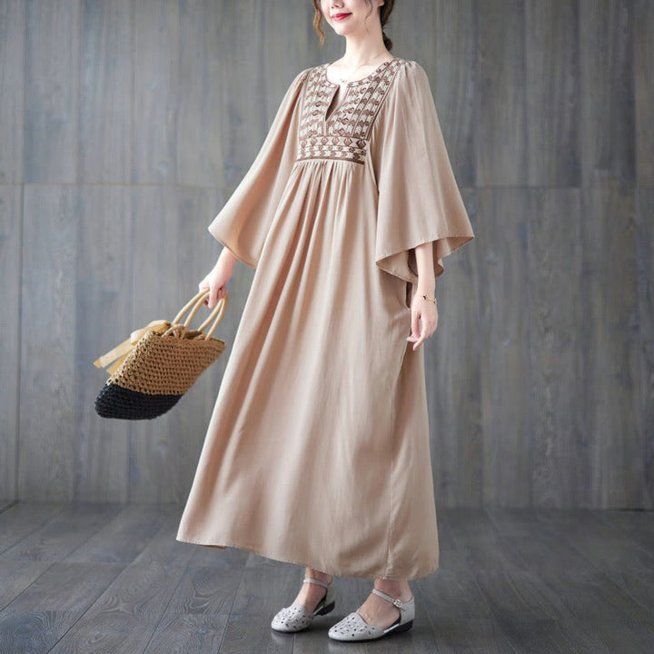 Buddha Stones Embroidery Notched Ruffled Hem Midi Dress With Pockets - image 31