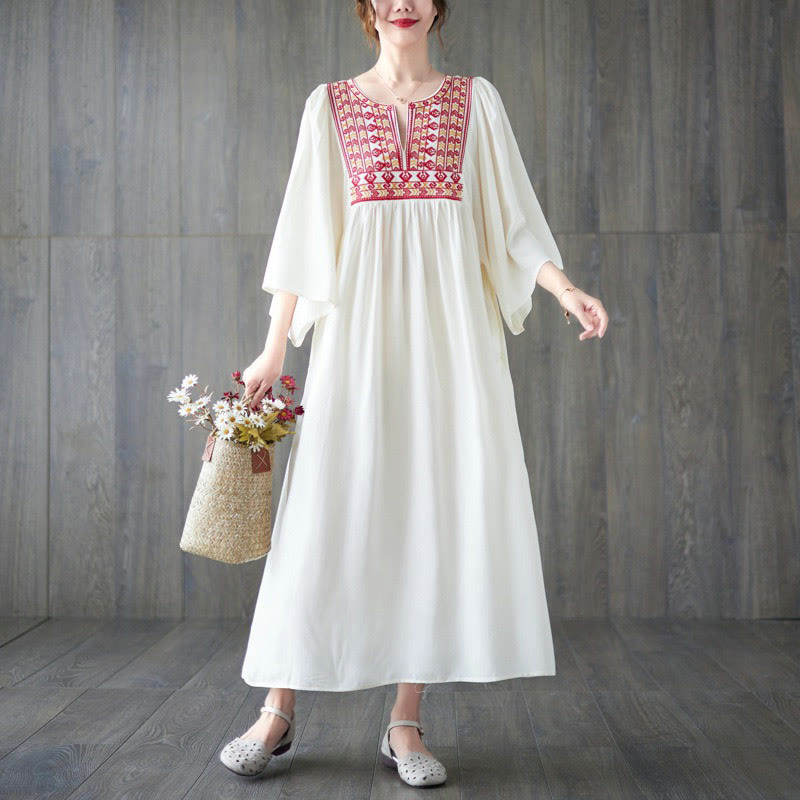 Buddha Stones Embroidery Notched Ruffled Hem Midi Dress With Pockets - image 11