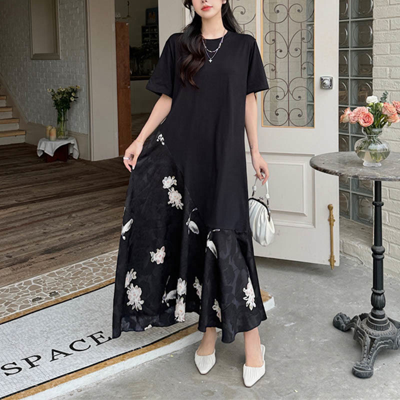 Buddha Stones Casual Flower Jacquard Short Sleeve T-Shirt Midi Dress - image 8