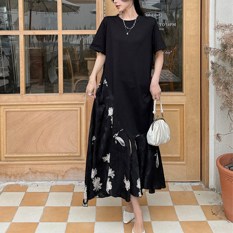 Buddha Stones Casual Flower Jacquard Short Sleeve T-Shirt Midi Dress - image 6