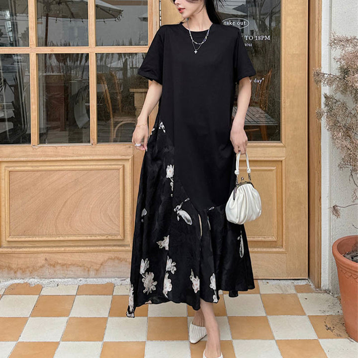 Buddha Stones Casual Flower Jacquard Short Sleeve T-Shirt Midi Dress - image 6