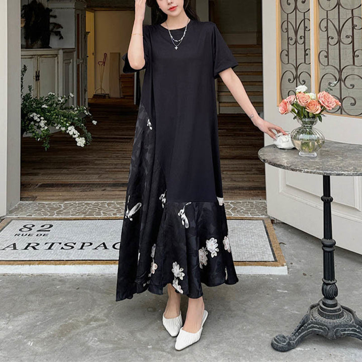 Buddha Stones Casual Flower Jacquard Short Sleeve T-Shirt Midi Dress - image 7