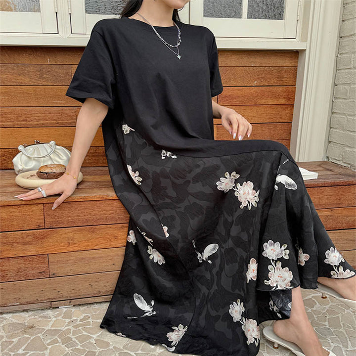 Buddha Stones Casual Flower Jacquard Short Sleeve T-Shirt Midi Dress - image 3