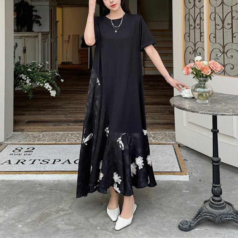 Buddha Stones Casual Flower Jacquard Short Sleeve T-Shirt Midi Dress - image 7