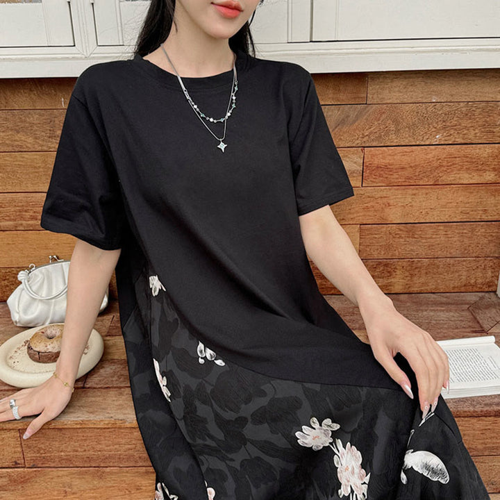 Buddha Stones Casual Flower Jacquard Short Sleeve T-Shirt Midi Dress