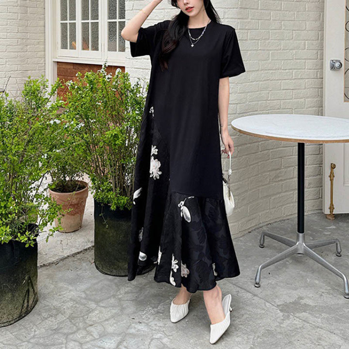 Buddha Stones Casual Flower Jacquard Short Sleeve T-Shirt Midi Dress - image 9