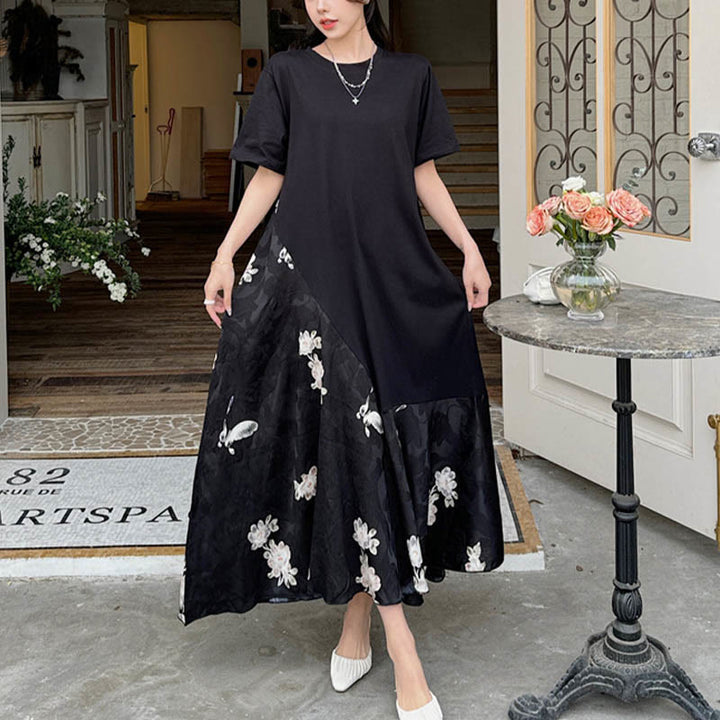 Buddha Stones Casual Flower Jacquard Short Sleeve T-Shirt Midi Dress - image 1