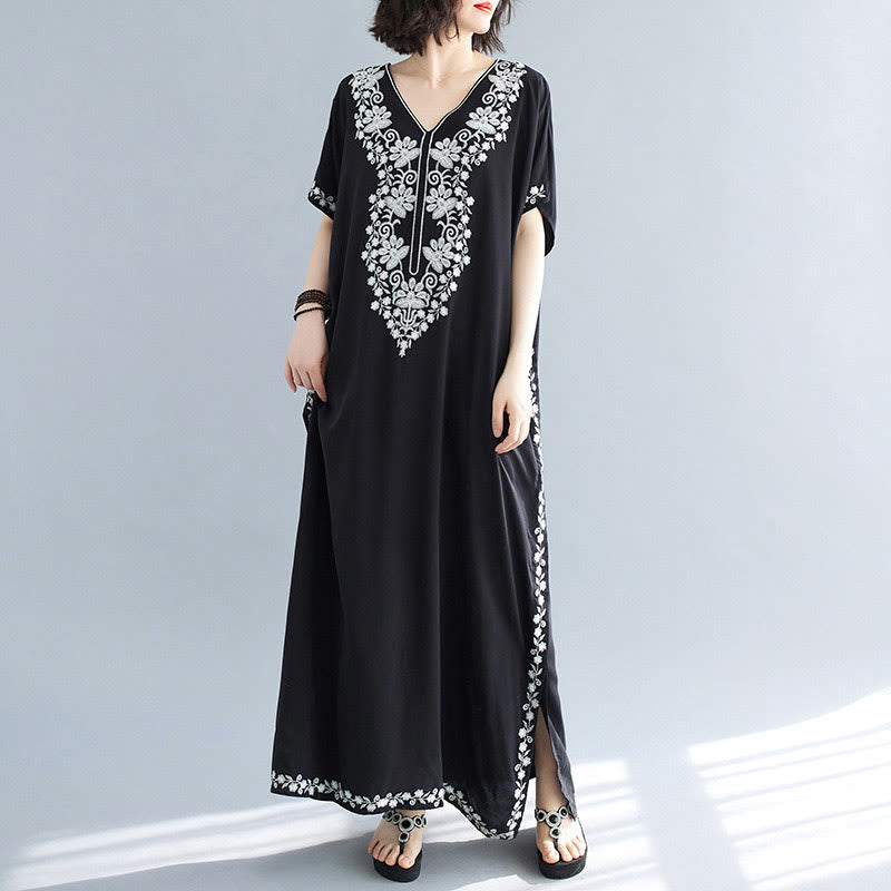 Buddha Stones Summer Embroidery Flower V-Neck Short Sleeve Maxi Dress