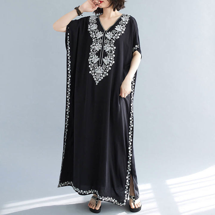 Buddha Stones Summer Embroidery Flower V-Neck Short Sleeve Maxi Dress