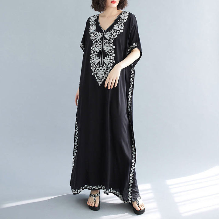 Buddha Stones Summer Embroidery Flower V-Neck Short Sleeve Maxi Dress