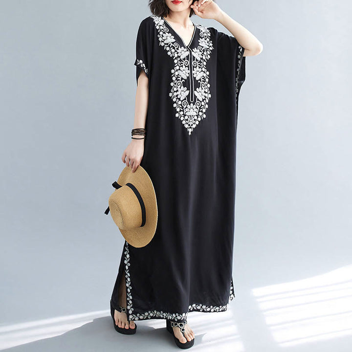 Buddha Stones Summer Embroidery Flower V-Neck Short Sleeve Maxi Dress