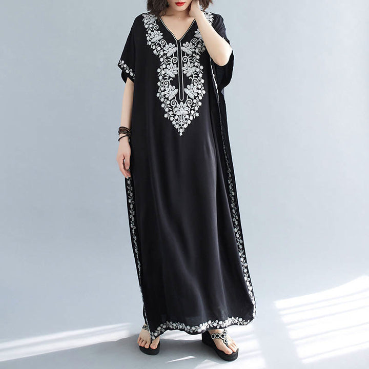 Buddha Stones Summer Embroidery Flower V-Neck Short Sleeve Maxi Dress - image 1