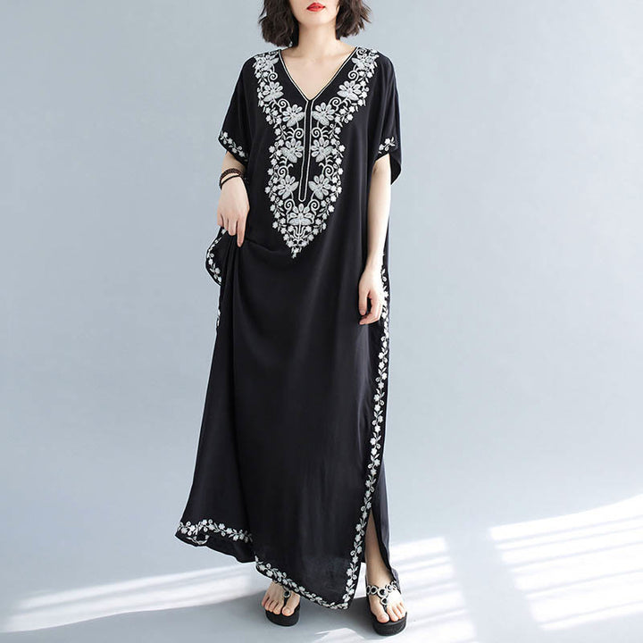 Buddha Stones Summer Embroidery Flower V-Neck Short Sleeve Maxi Dress