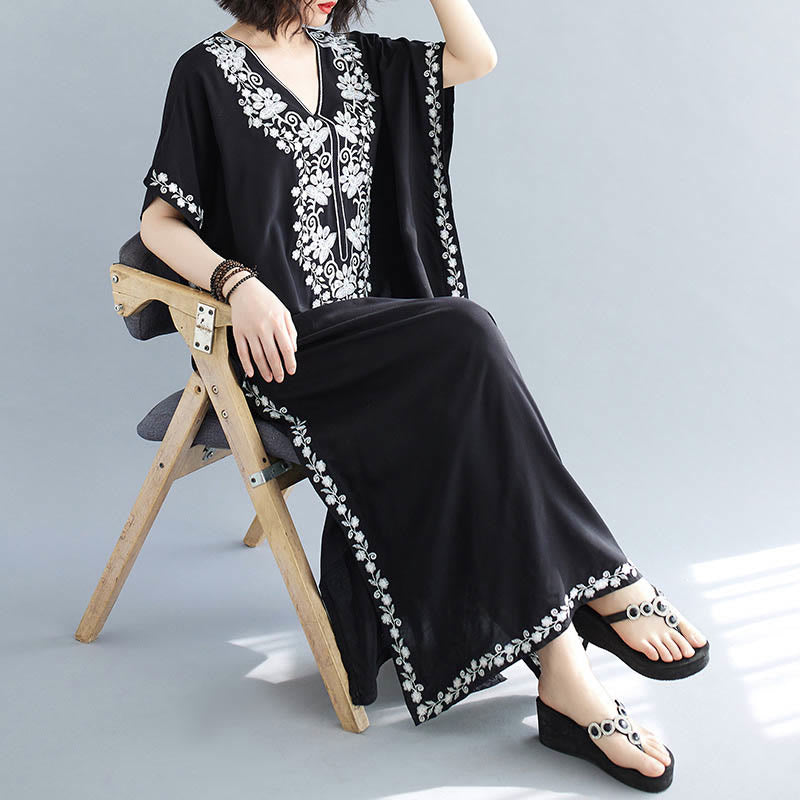 Buddha Stones Summer Embroidery Flower V-Neck Short Sleeve Maxi Dress