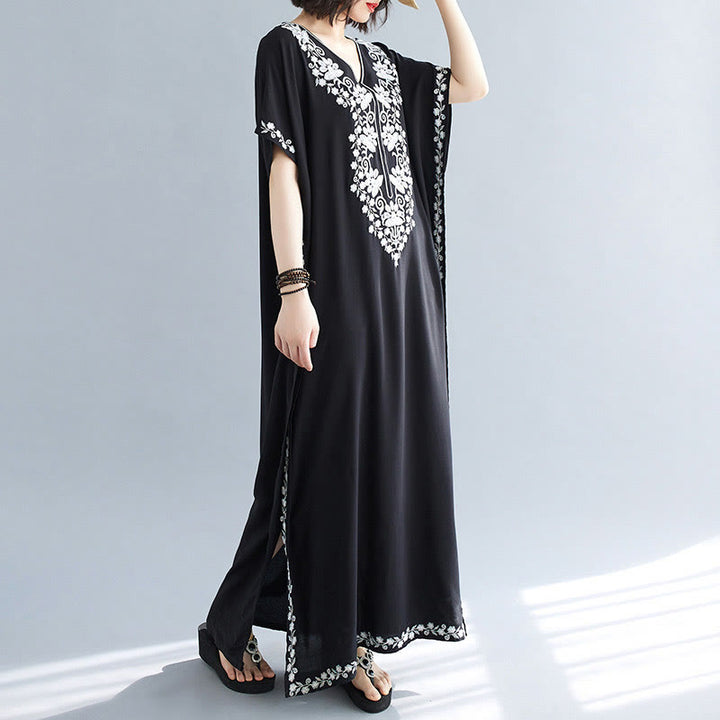 Buddha Stones Summer Embroidery Flower V-Neck Short Sleeve Maxi Dress