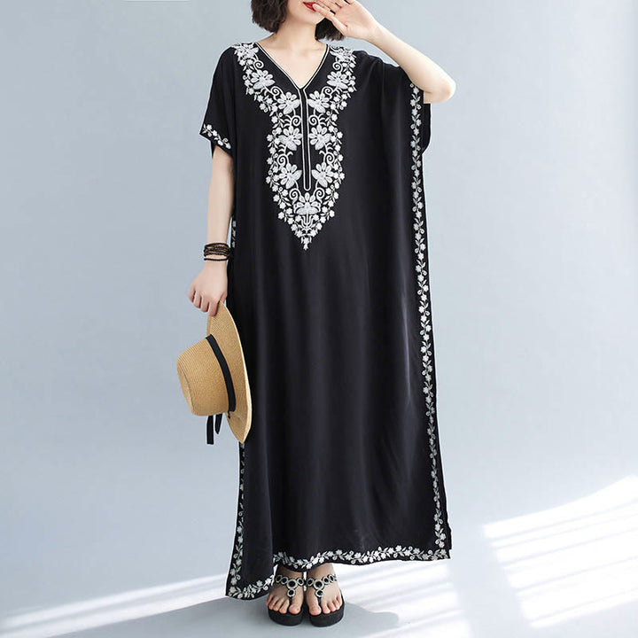 Buddha Stones Summer Embroidery Flower V-Neck Short Sleeve Maxi Dress