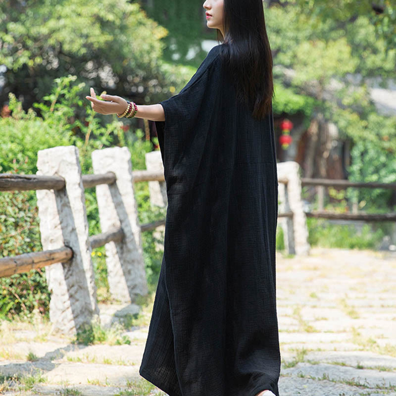 Buddha Stones Solid Color Loose Batwing Sleeve Maxi Dress With Pockets