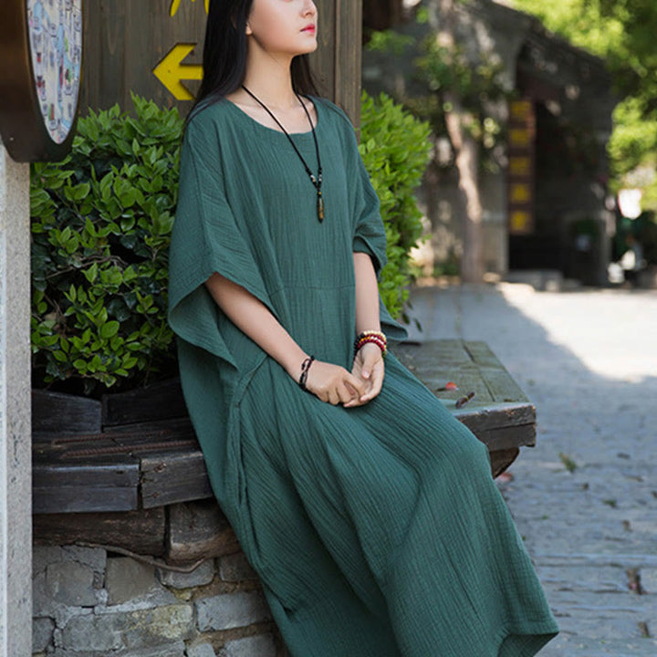 Buddha Stones Solid Color Loose Batwing Sleeve Maxi Dress With Pockets