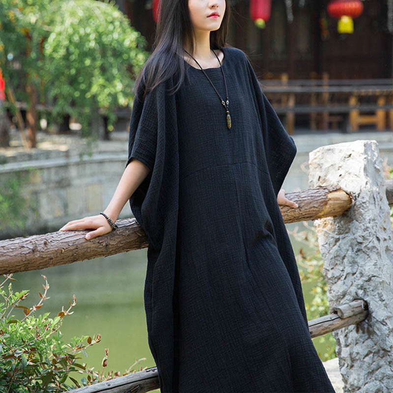 Buddha Stones Solid Color Loose Batwing Sleeve Maxi Dress With Pockets