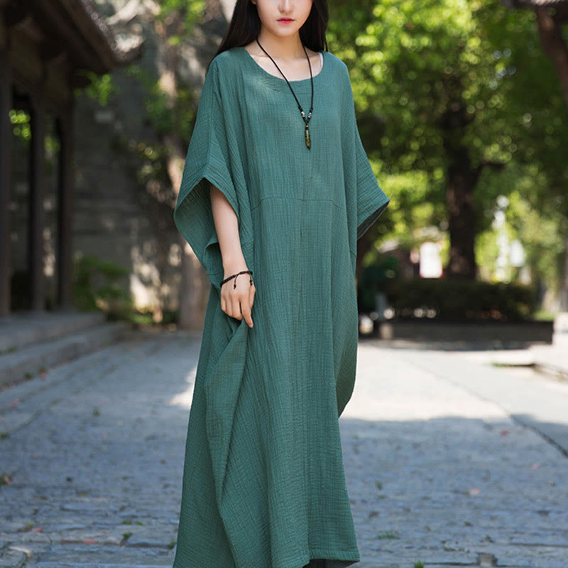 Buddha Stones Solid Color Loose Batwing Sleeve Maxi Dress With Pockets