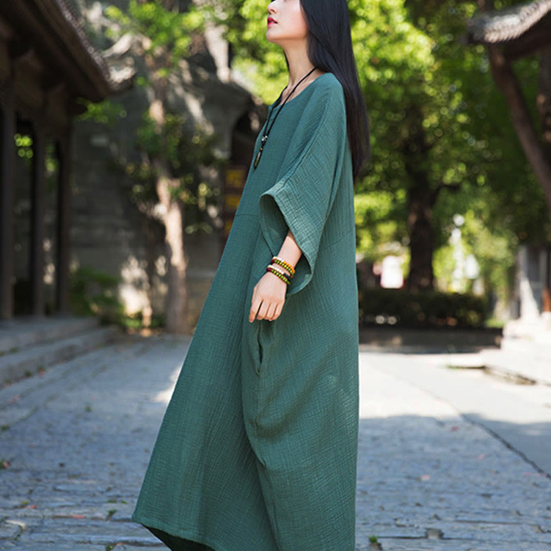 Buddha Stones Solid Color Loose Batwing Sleeve Maxi Dress With Pockets