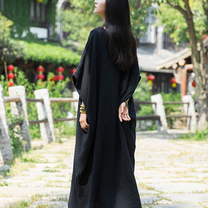 Buddha Stones Solid Color Loose Batwing Sleeve Maxi Dress With Pockets