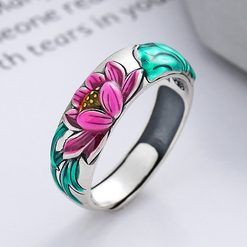 Buddha Stones 925 Sterling Silver Lotus Flower Heart Sutra Enlightenment Ring - 925 Sterling Silver(Adjustable) - image 0