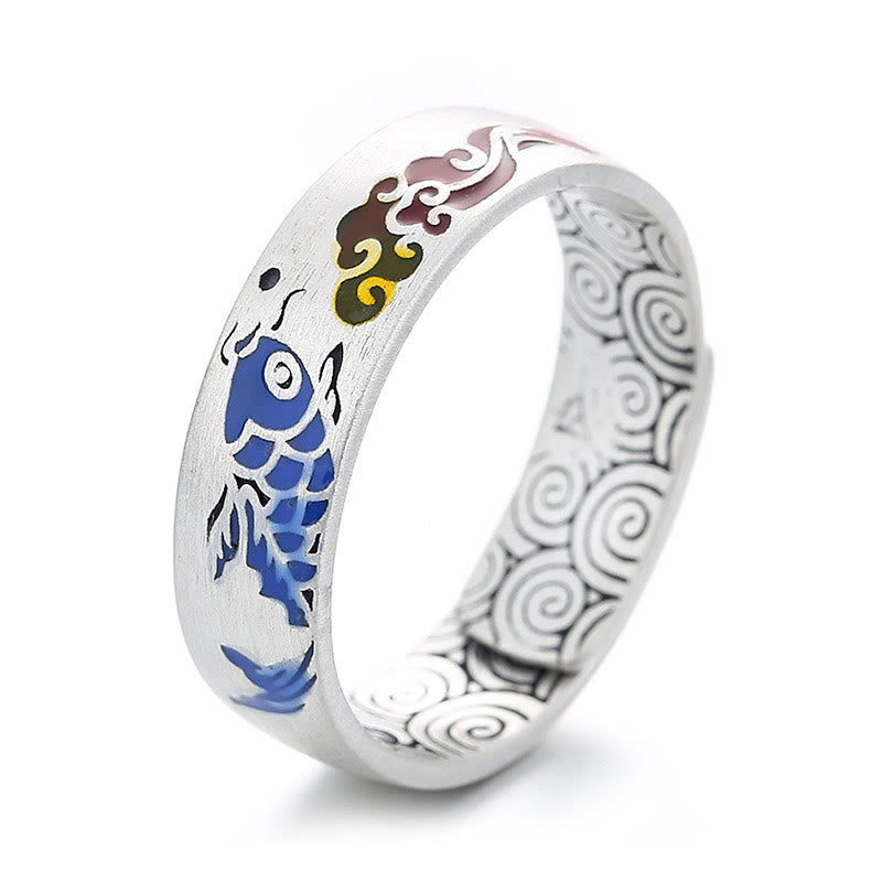 Buddha Stones 925 Sterling Silver Lucky Koi Fish Auspicious Clouds Wealth Ring