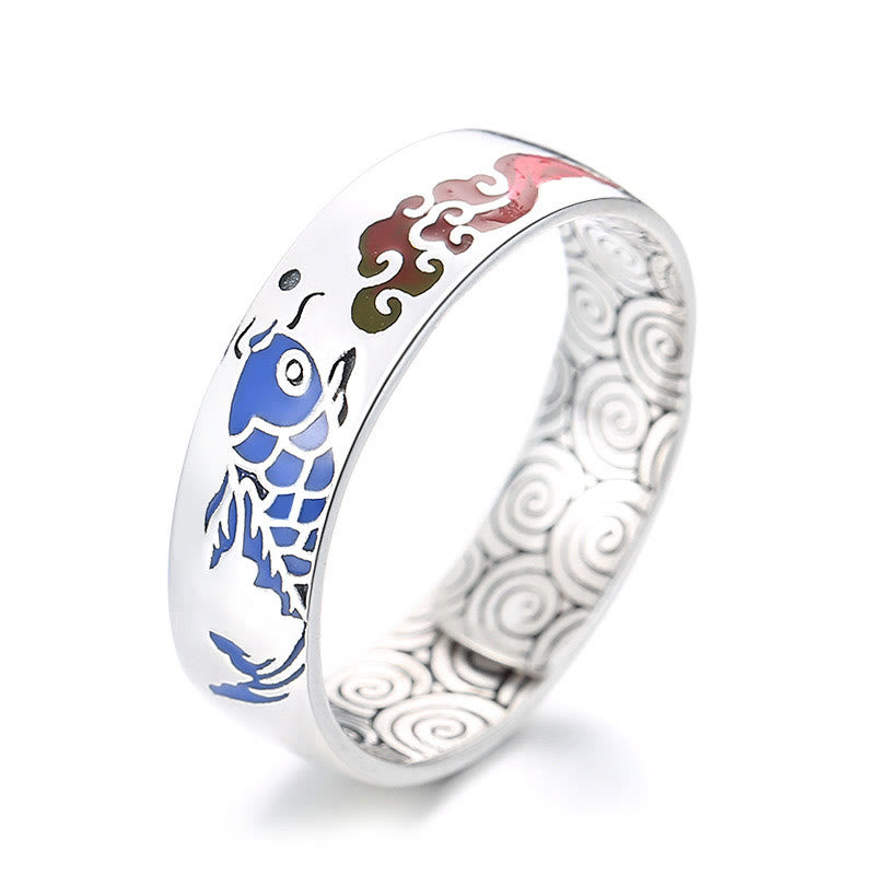 Buddha Stones 925 Sterling Silver Lucky Koi Fish Auspicious Clouds Wealth Ring