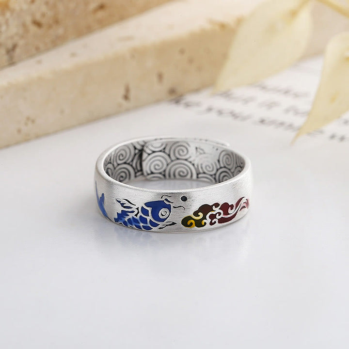 Buddha Stones 925 Sterling Silver Lucky Koi Fish Auspicious Clouds Wealth Ring