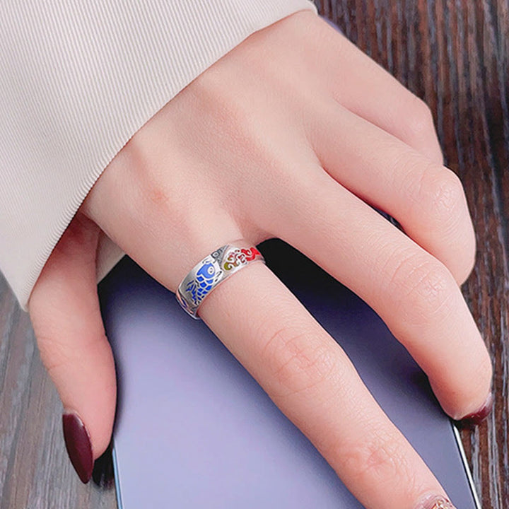 Buddha Stones 925 Sterling Silver Lucky Koi Fish Auspicious Clouds Wealth Ring