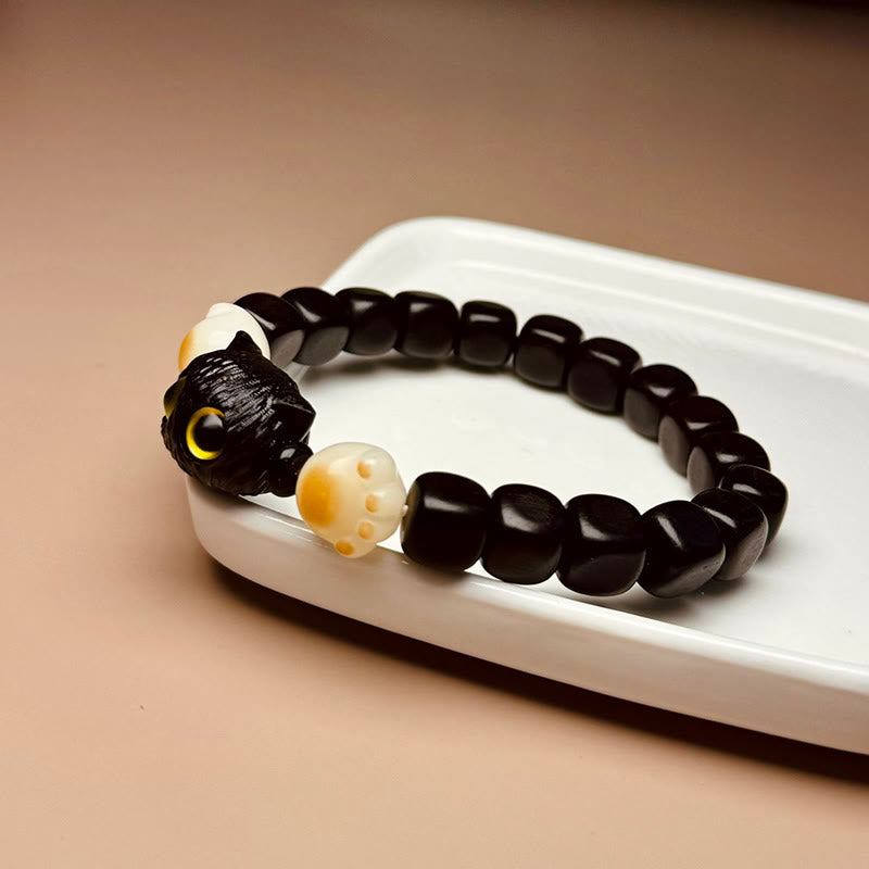 Buddha Stones Ebony Wood Cute Cat Bodhi Seed Paw Claw Peace Bracelet