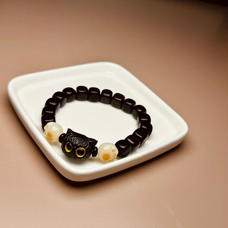 Buddha Stones Ebony Wood Cute Cat Bodhi Seed Paw Claw Peace Bracelet