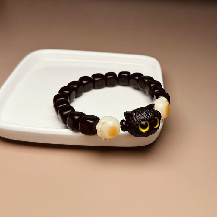 Buddha Stones Ebony Wood Cute Cat Bodhi Seed Paw Claw Peace Bracelet