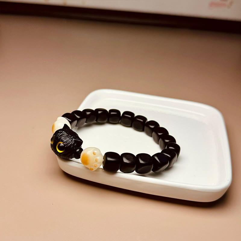 Buddha Stones Ebony Wood Cute Cat Bodhi Seed Paw Claw Peace Bracelet