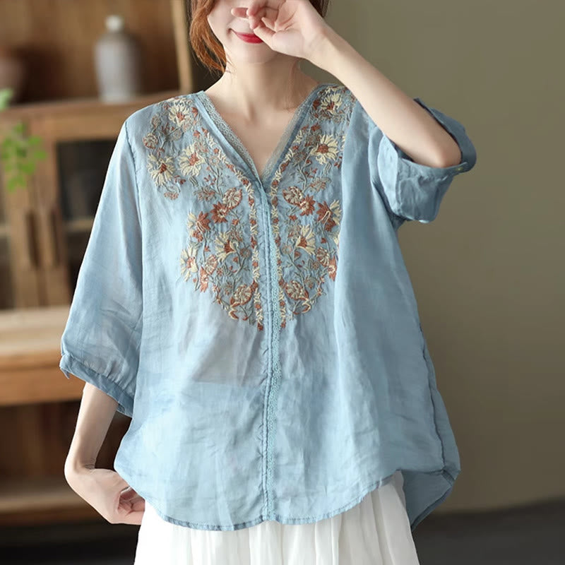 Buddha Stones Retro Embroidery V-Neck Design Half Sleeve Ramie Linen Shirt