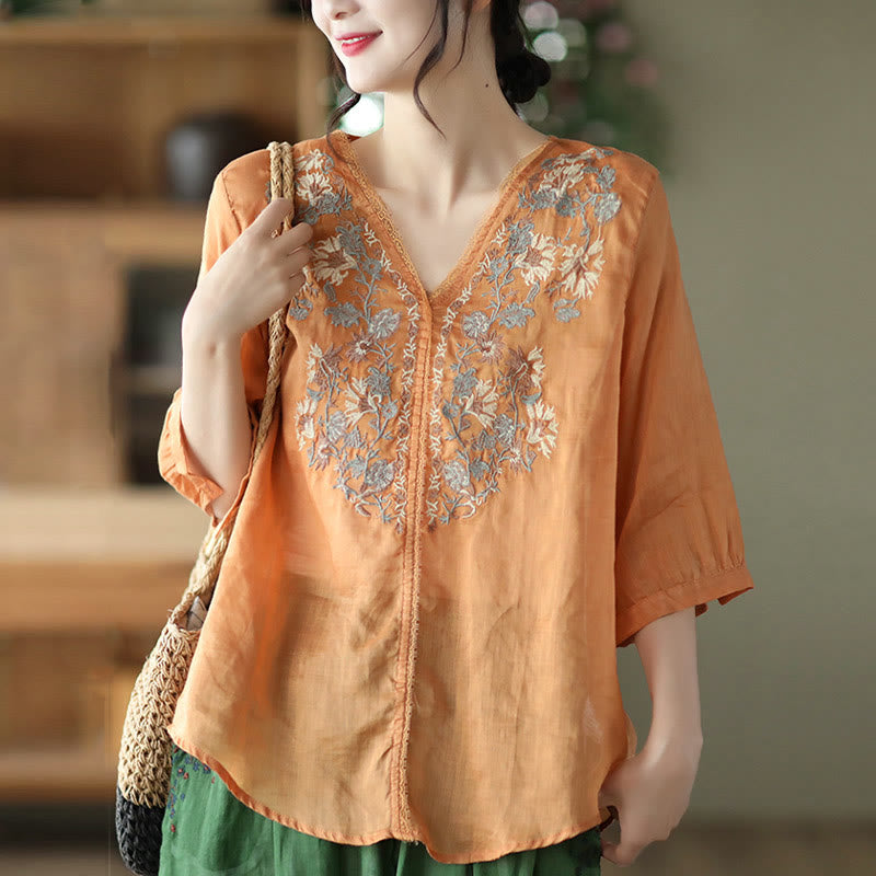 Buddha Stones Retro Embroidery V-Neck Design Half Sleeve Ramie Linen Shirt