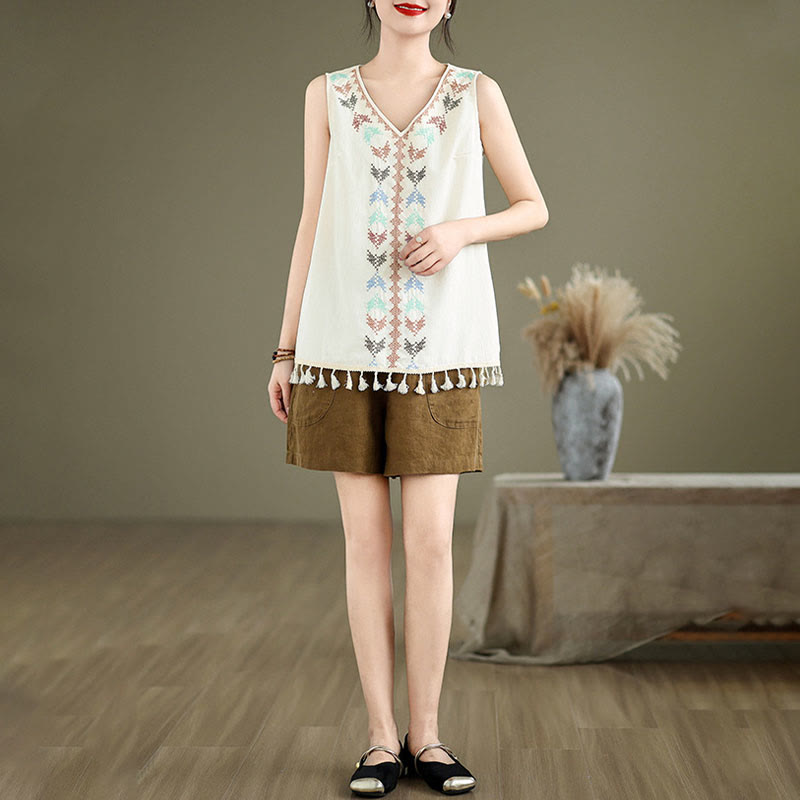 Buddha Stones Retro Embroidery V-Neck Tassel Tank Top - image 14