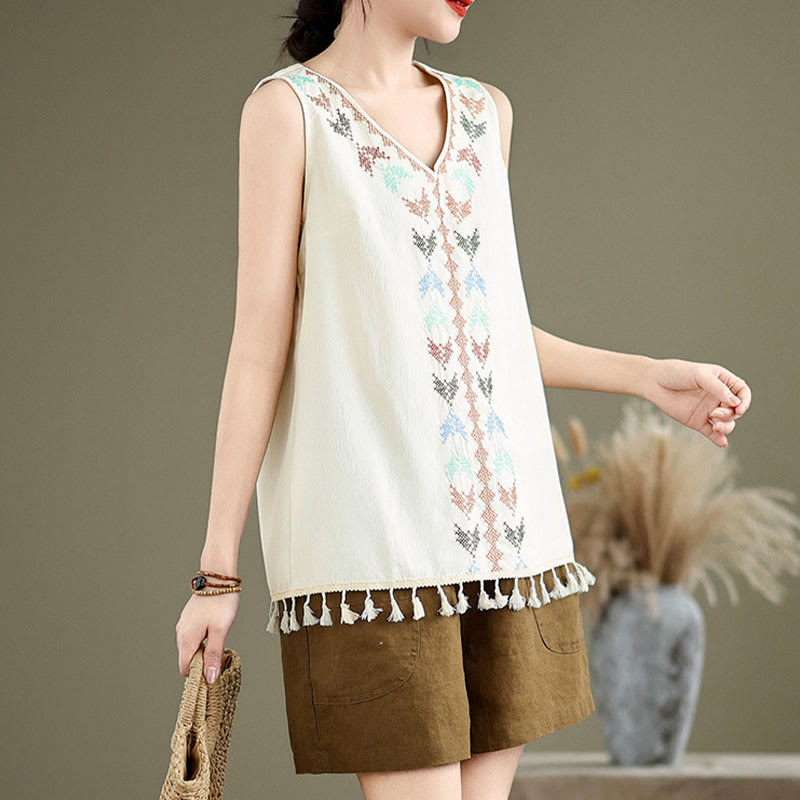 Buddha Stones Retro Embroidery V-Neck Tassel Tank Top - image 3