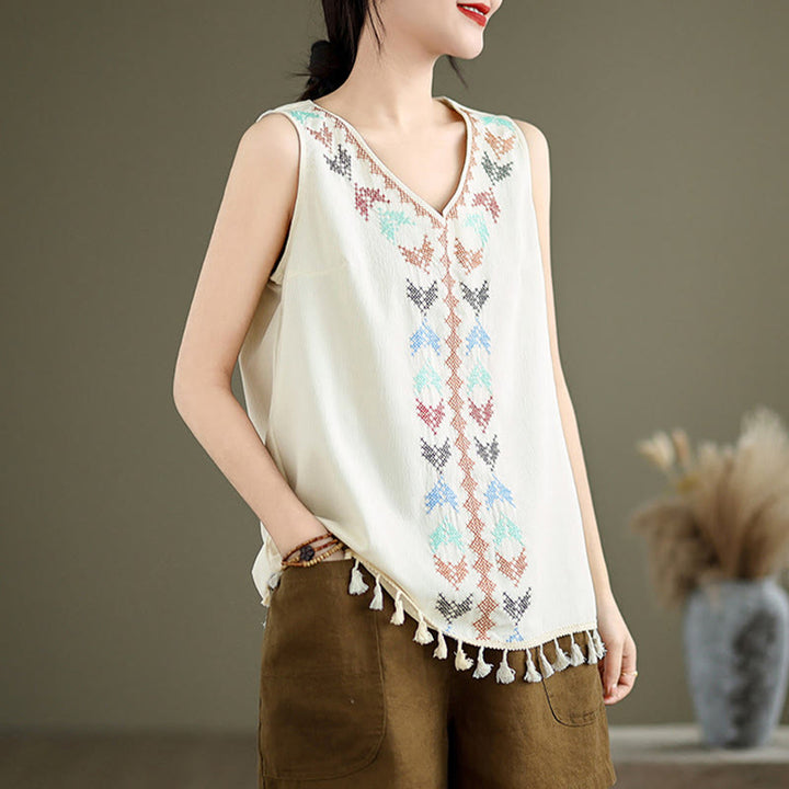 Buddha Stones Retro Embroidery V-Neck Tassel Tank Top - image 2
