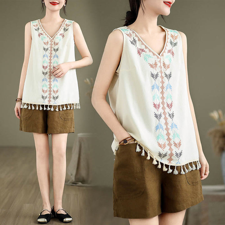 Buddha Stones Retro Embroidery V-Neck Tassel Tank Top - image 13
