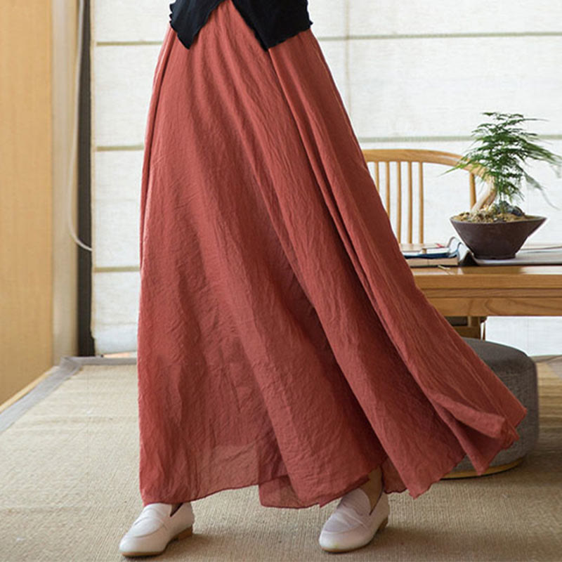 Buddha Stones Solid Color Elastic High Waist Linen Skirt