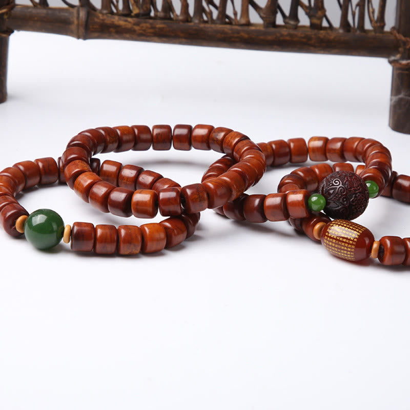 Buddha Stones Tibetan Yak Bone Three-Eyed Dzi Bead Sheep Horn Red Agate Strength Bracelet