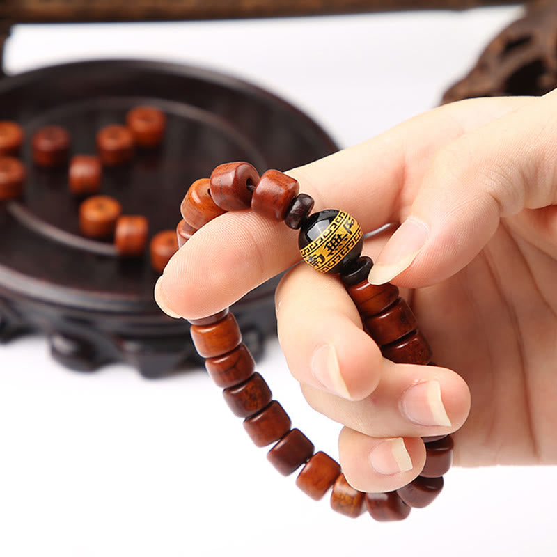 Buddha Stones Tibetan Yak Bone Three-Eyed Dzi Bead Sheep Horn Red Agate Strength Bracelet