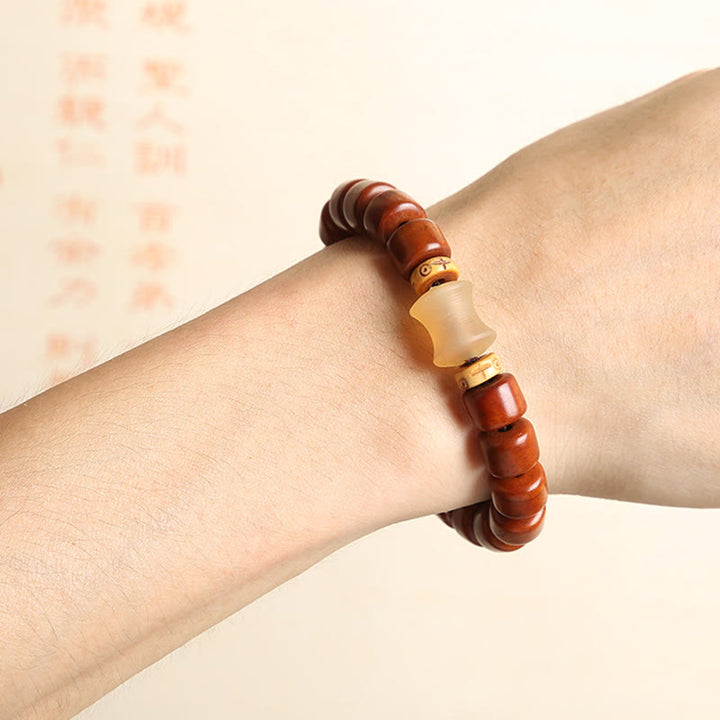 Buddha Stones Tibetan Yak Bone Three-Eyed Dzi Bead Sheep Horn Red Agate Strength Bracelet