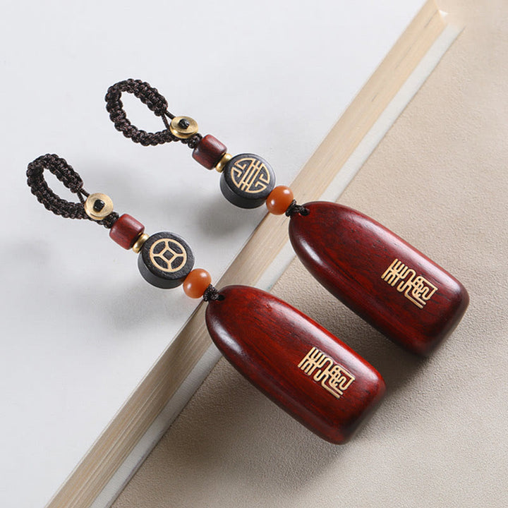 Buddha Stones Small Leaf Red Sandalwood Ebony Wood Peace Auspicious Copper Coin Protection Key Chain