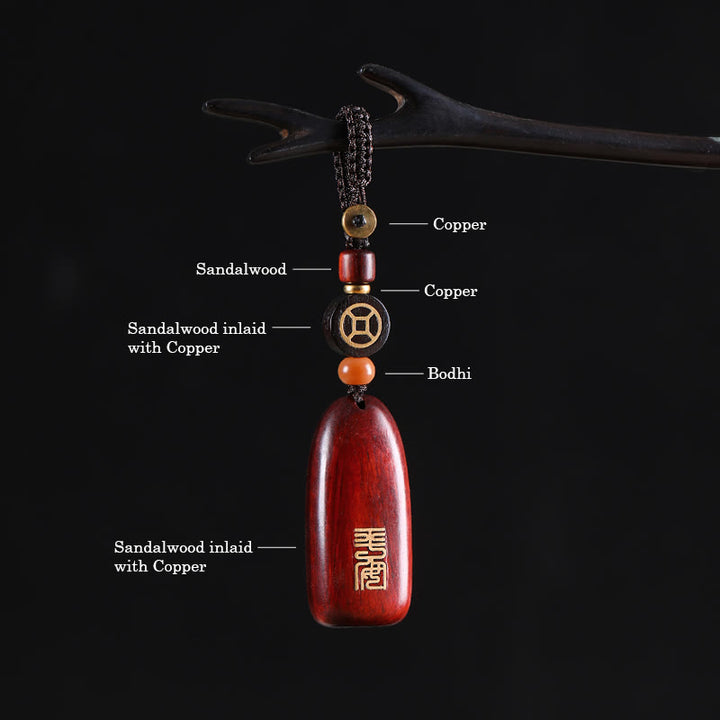 Buddha Stones Small Leaf Red Sandalwood Ebony Wood Peace Auspicious Copper Coin Protection Key Chain