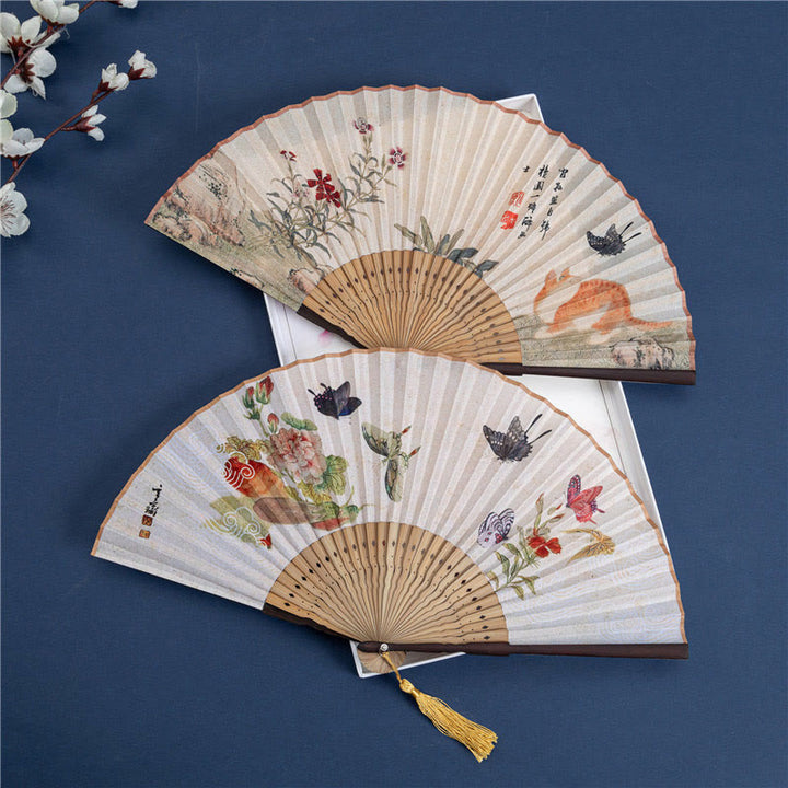 Buddha Stones Butterfly Orchid Cat Handheld Cotton Linen Bamboo Folding Fan 22cm